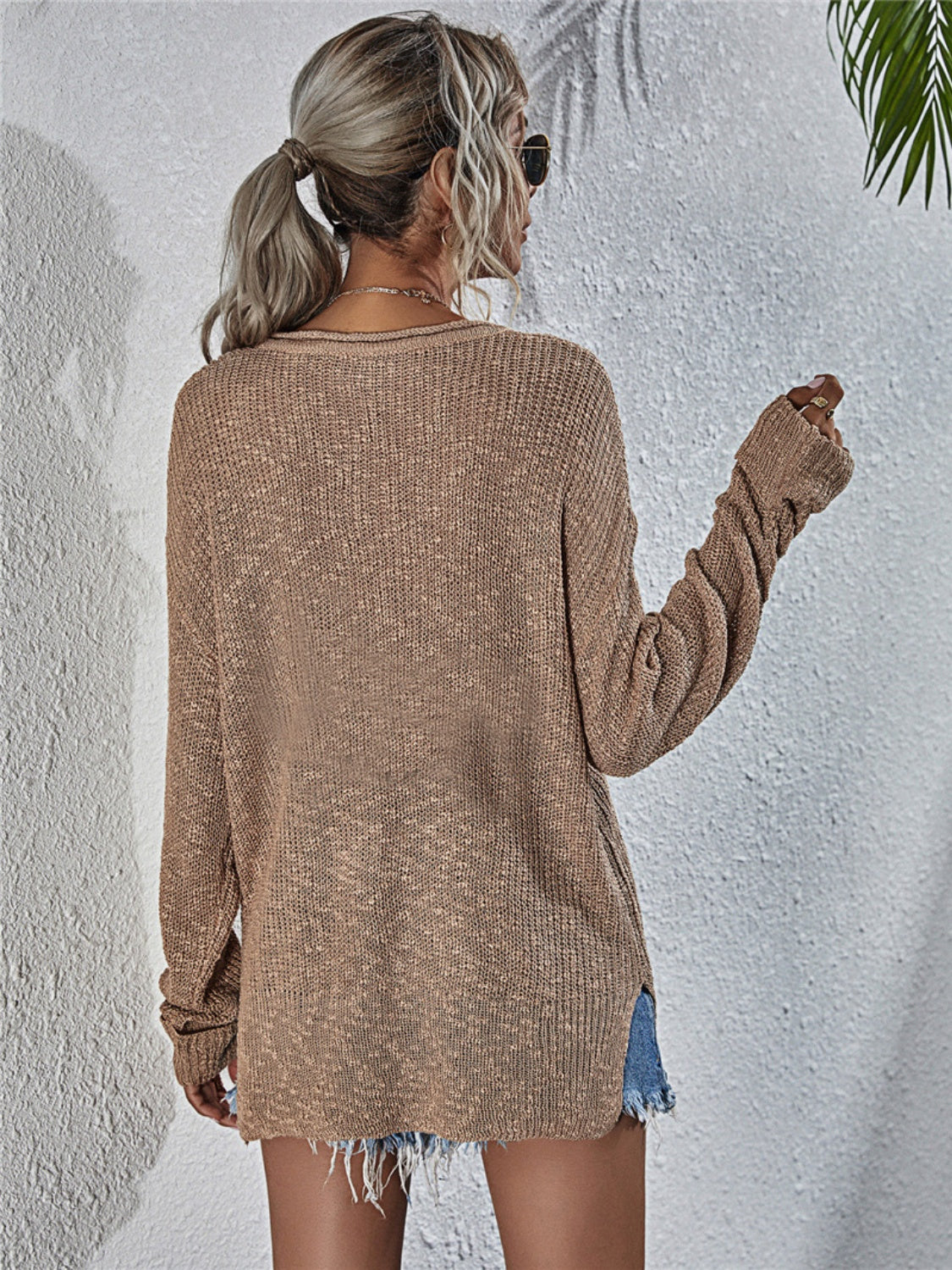 Notched Neck Slit Knit Top - OCEANE