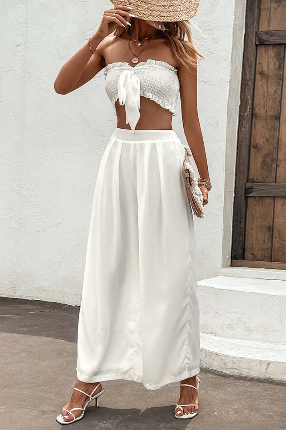 Smocked Tube Top and Wide Leg Pants Set - OCEANE