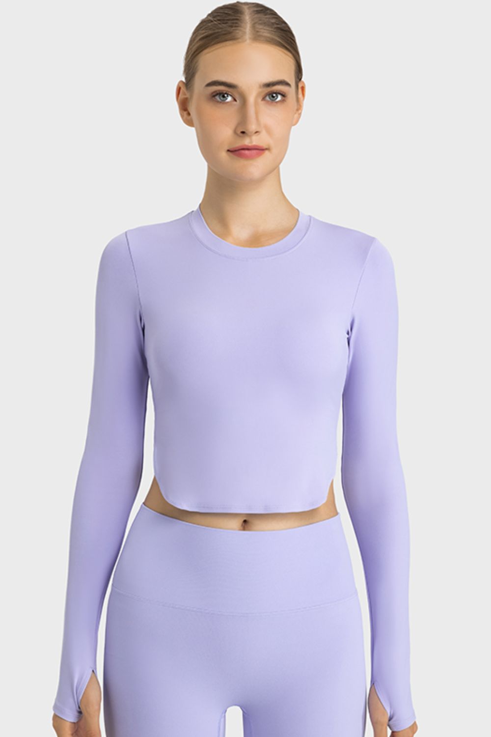 Side Slit Long Sleeve Round Neck Crop Top - OCEANE