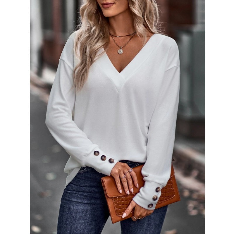 Women's V-neck loose long-sleeved T-shirt button top~8 colors!