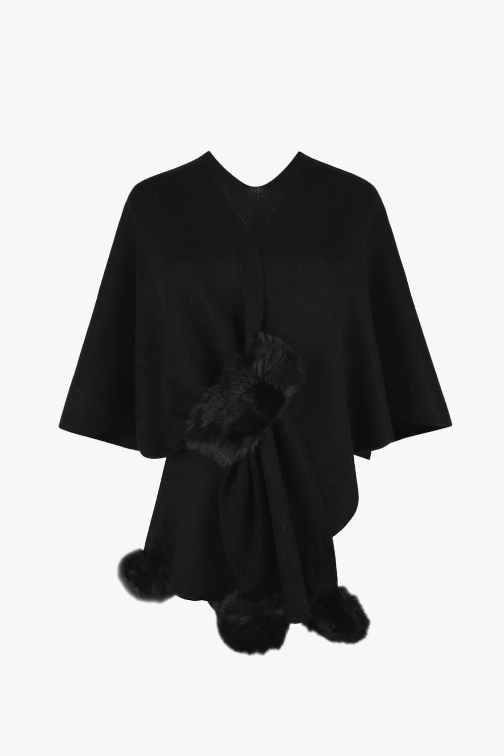 Surplice Neck Pom-Pom Trim Poncho - OCEANE