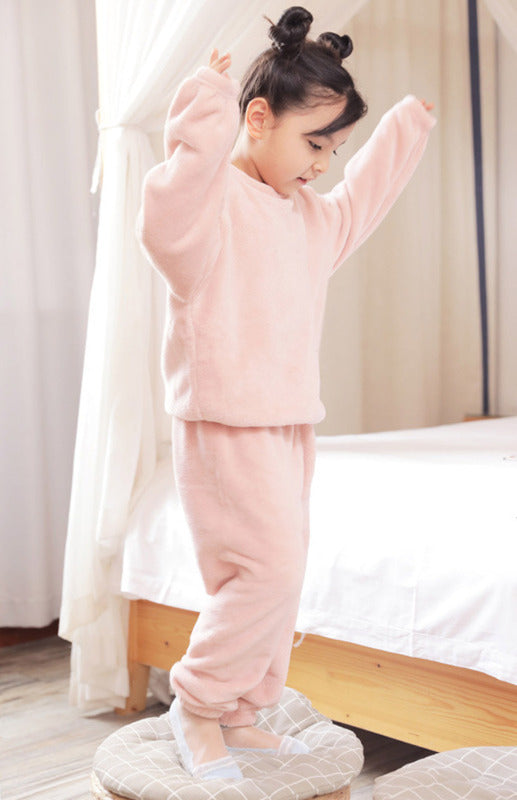 Children'S Embroidered Coral Fleece Pajama Set in pink, grey, brown