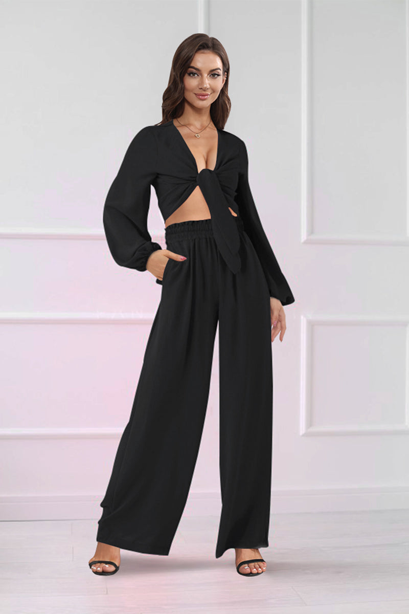 Cutout Long Sleeve Top and Wide Leg Pants Set - OCEANE