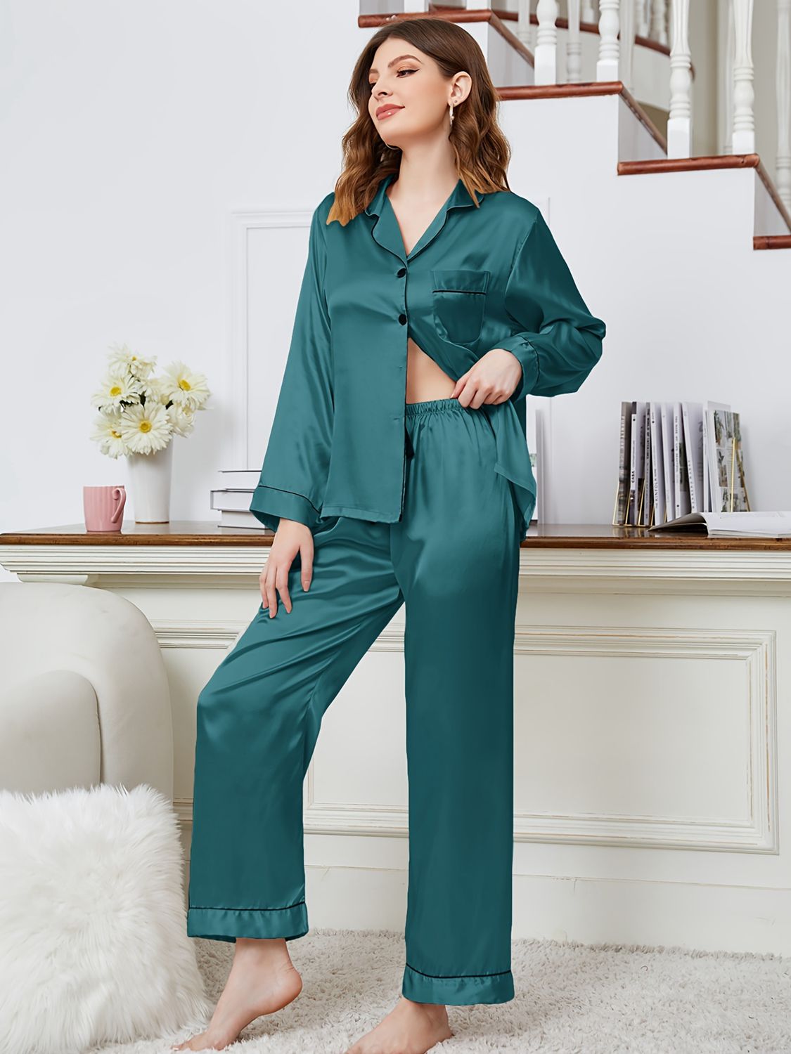 Lapel Collar Long Sleeve Top and Pants Pajama Set - OCEANE