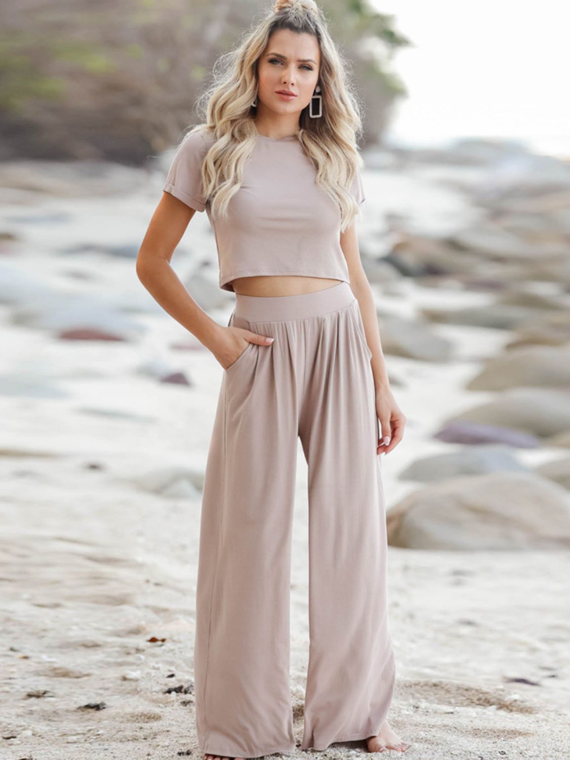 Short Sleeve T-Shirt and Wide Leg Pants Set - OCEANE