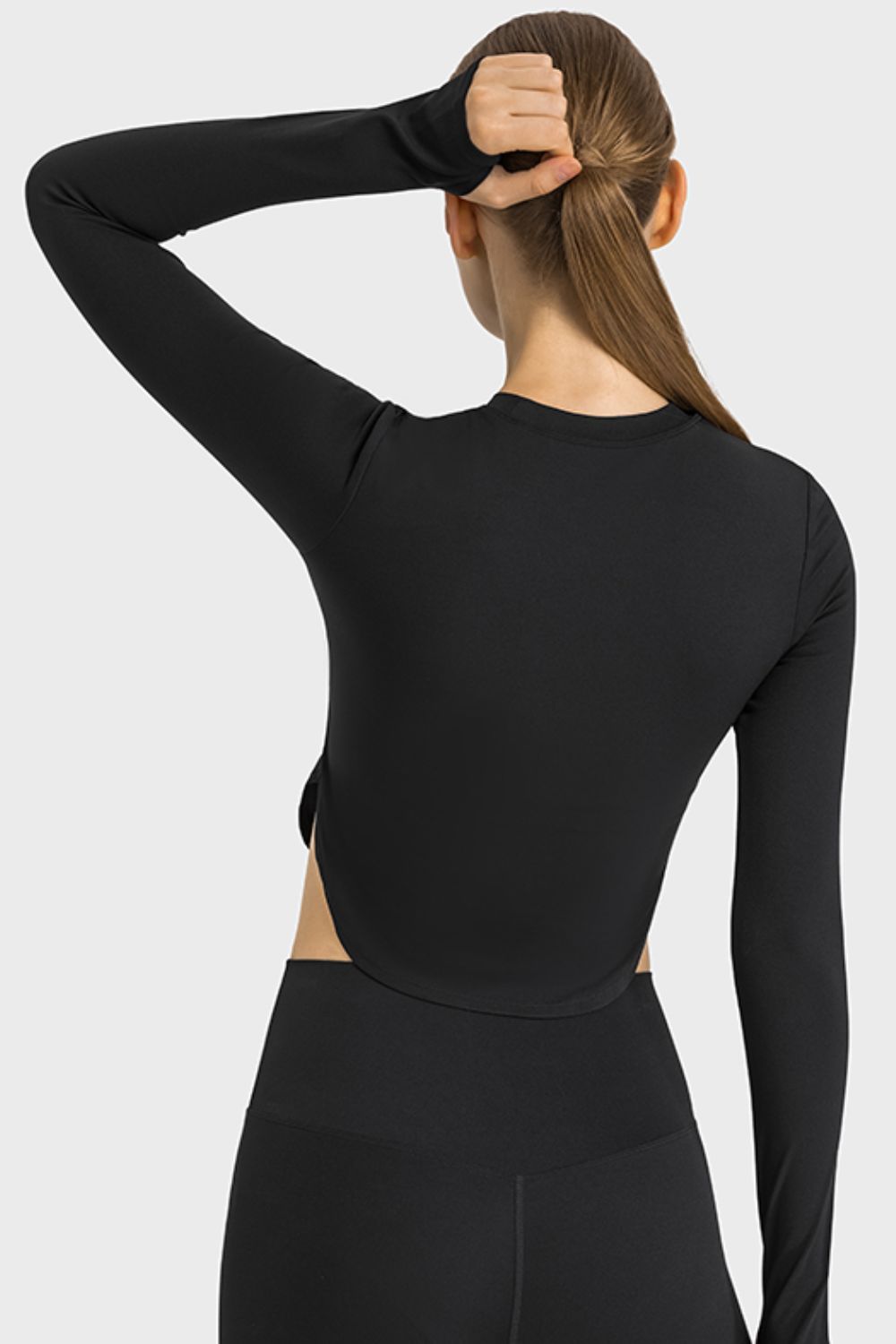 Side Slit Long Sleeve Round Neck Crop Top - OCEANE