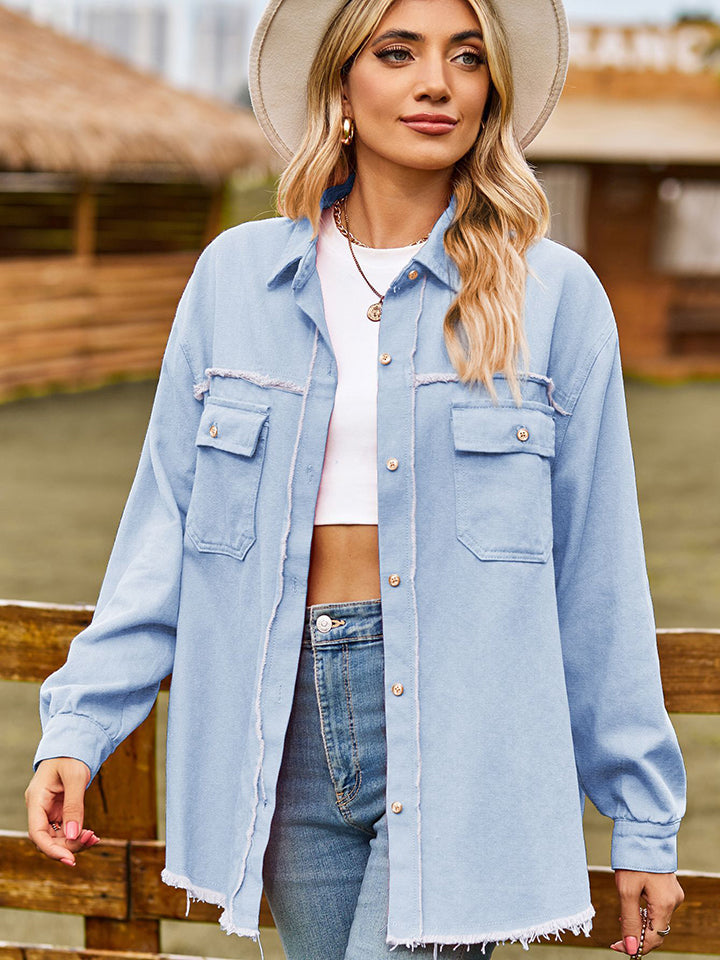 Raw Hem Denim Jacket with Pockets - OCEANE