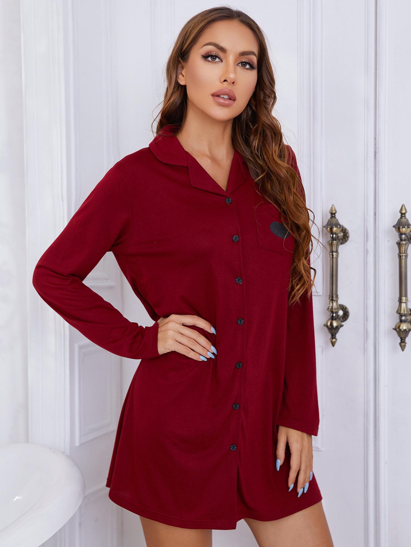 Heart Graphic Lapel Collar Long Sleeve Night Dress - OCEANE