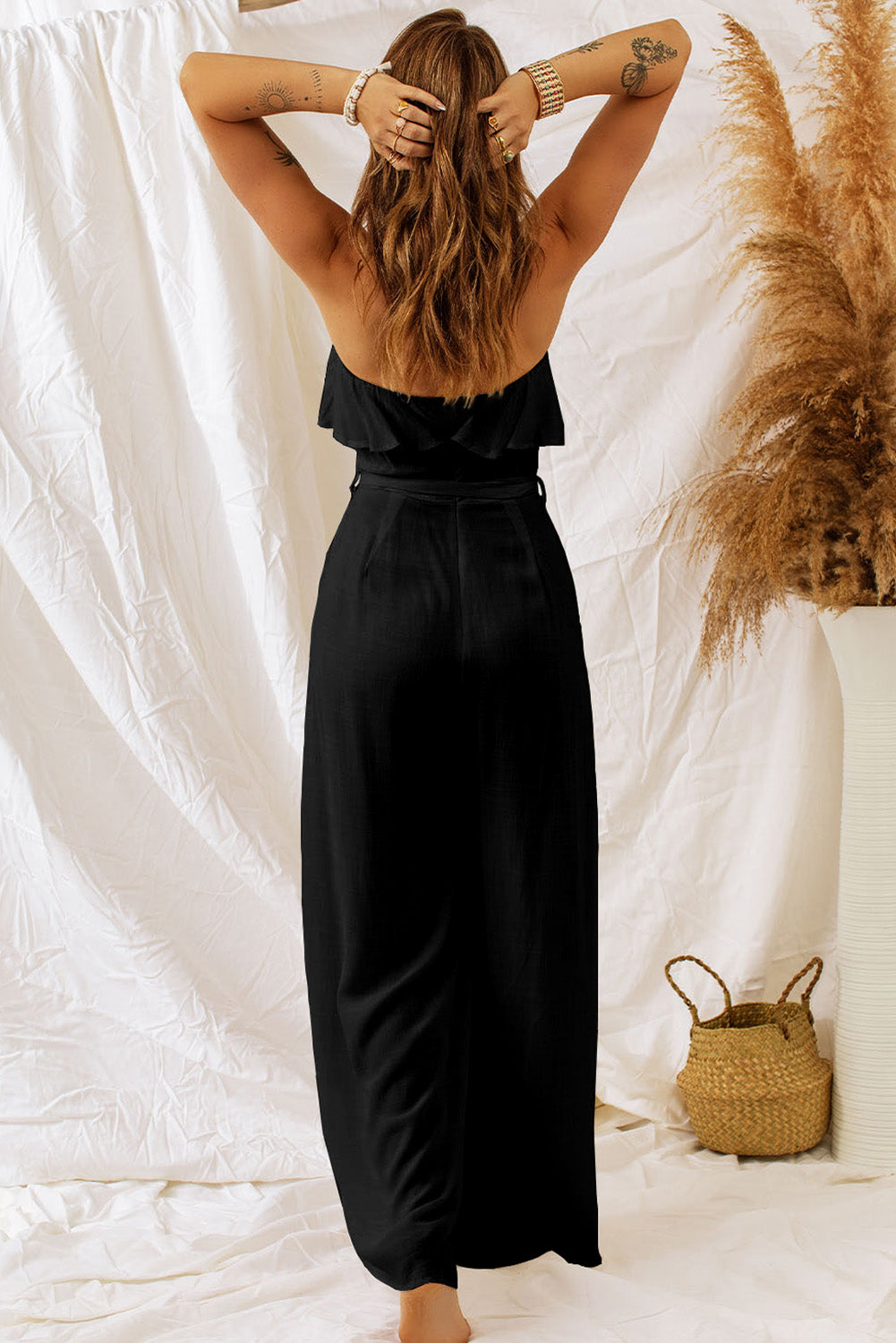 Tie-Waist Ruffled Strapless Wide Leg Jumpsuit - OCEANE