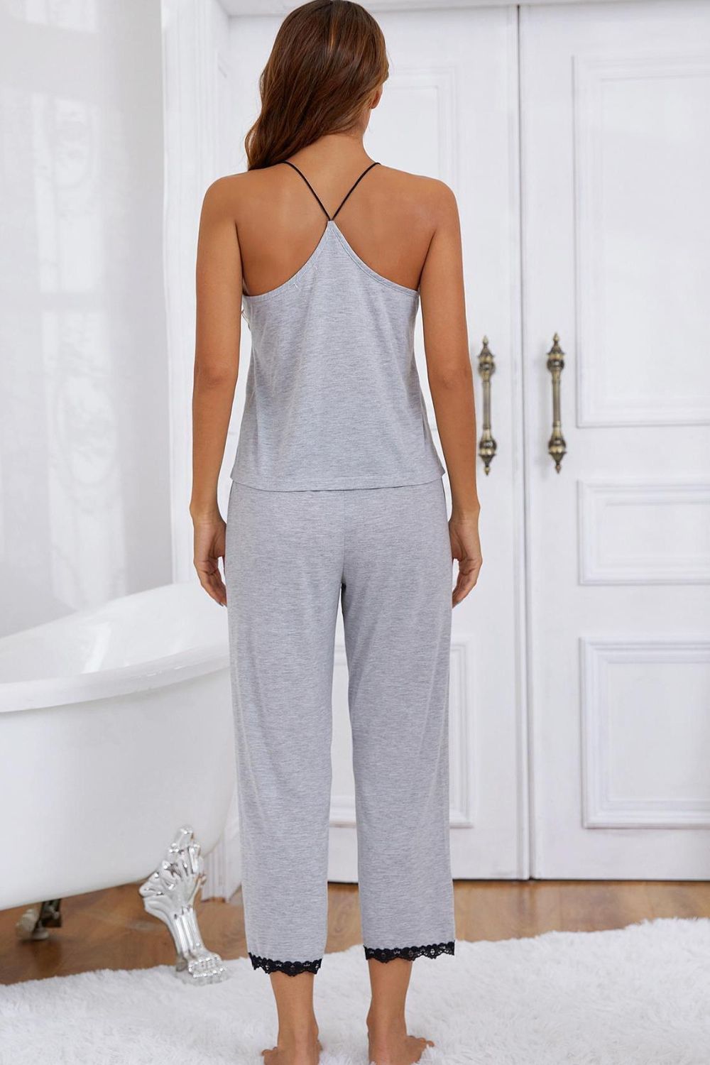 Halter Neck Cami and Lace Trim Pajama Set - OCEANE