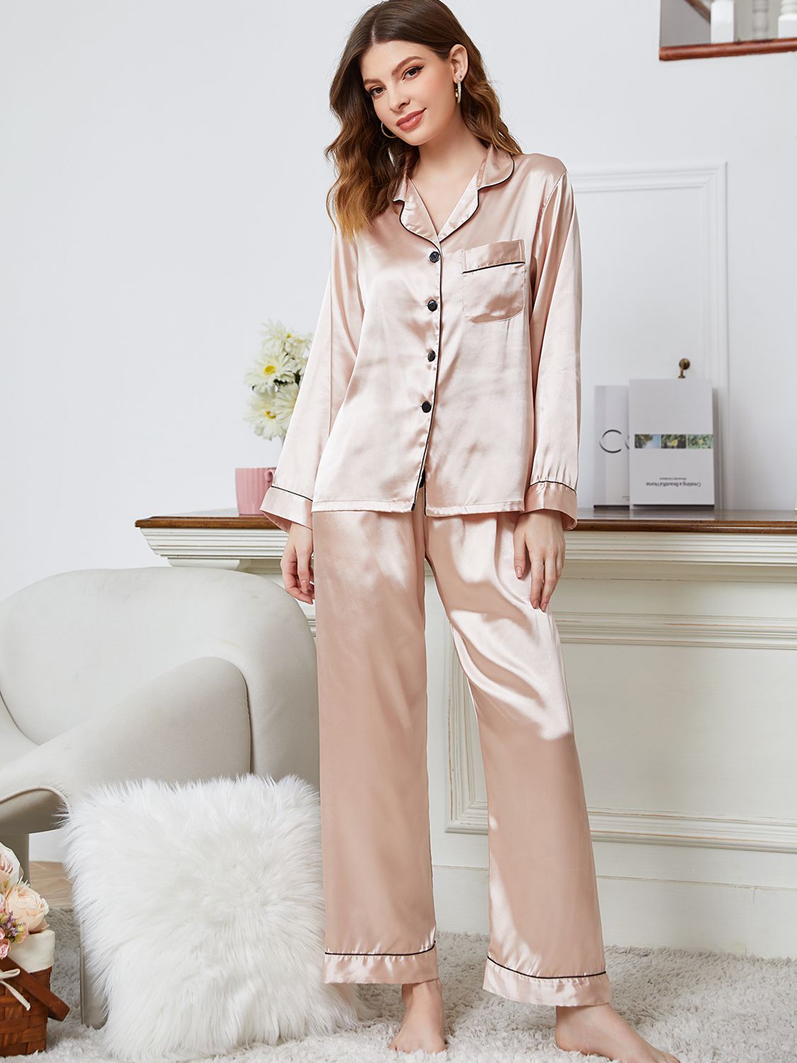 Lapel Collar Long Sleeve Top and Pants Pajama Set - OCEANE