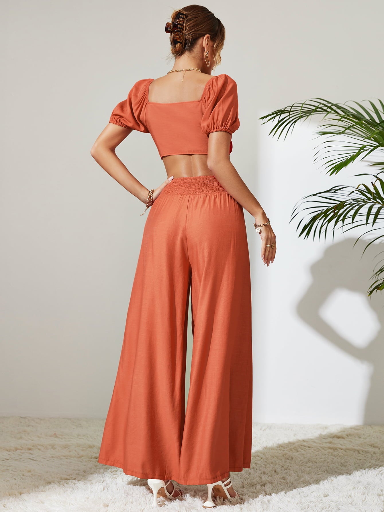 Tie Front Cropped Top and Smocked Wide Leg Pants Set - OCEANE