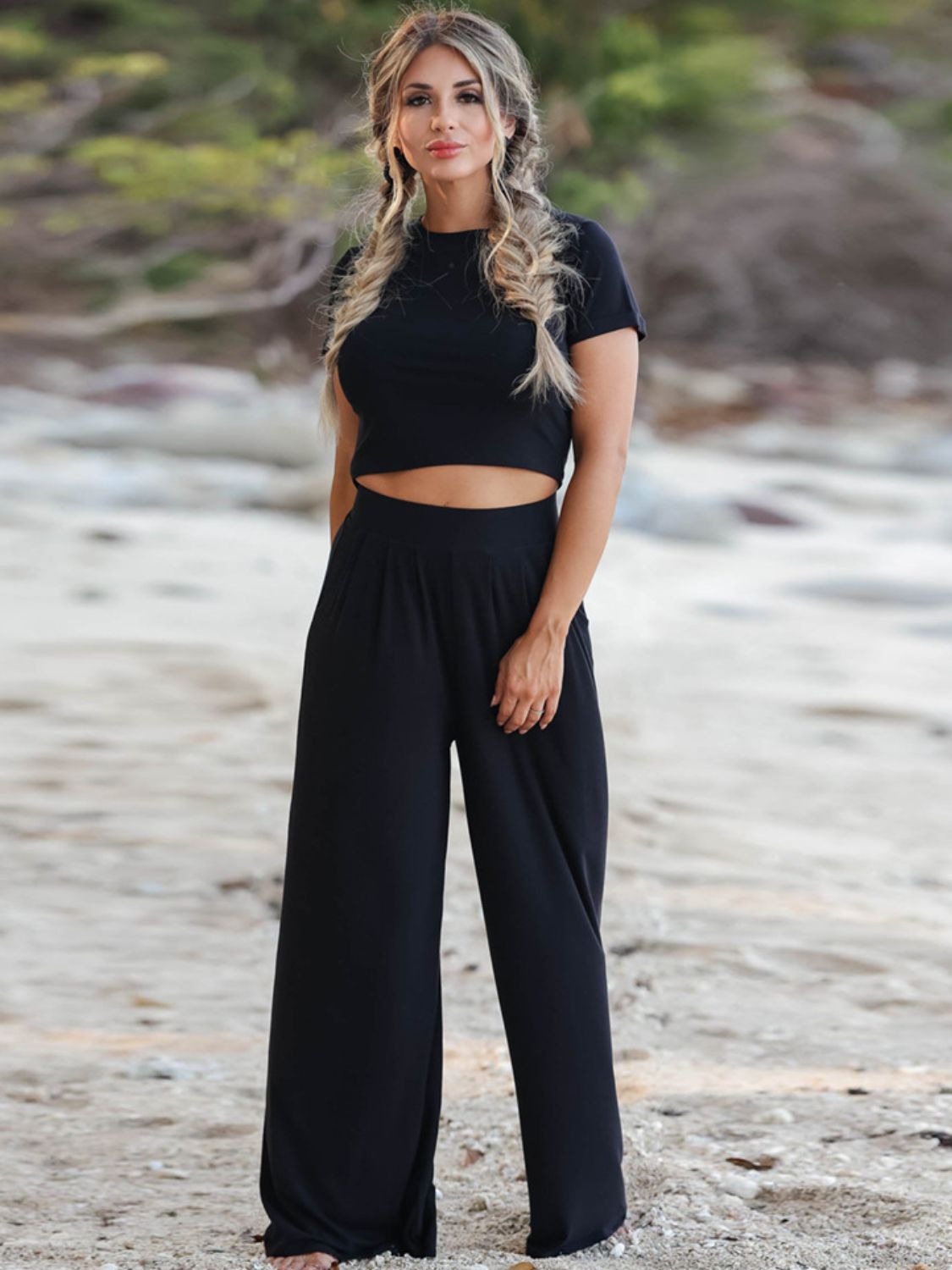 Short Sleeve T-Shirt and Wide Leg Pants Set - OCEANE