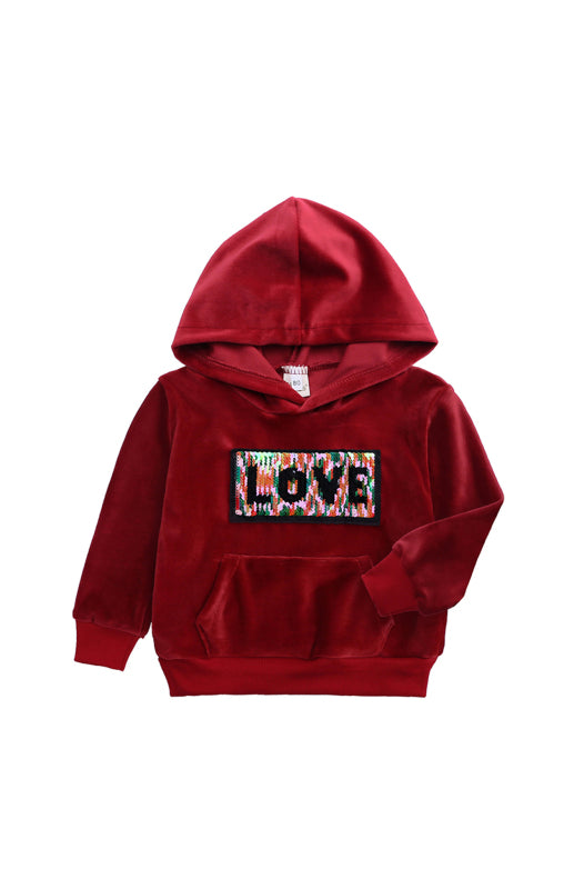 Kid's Sequin LOVE Hooded Multi Color Velvet Sweatshirt Hoodie Pajama Set