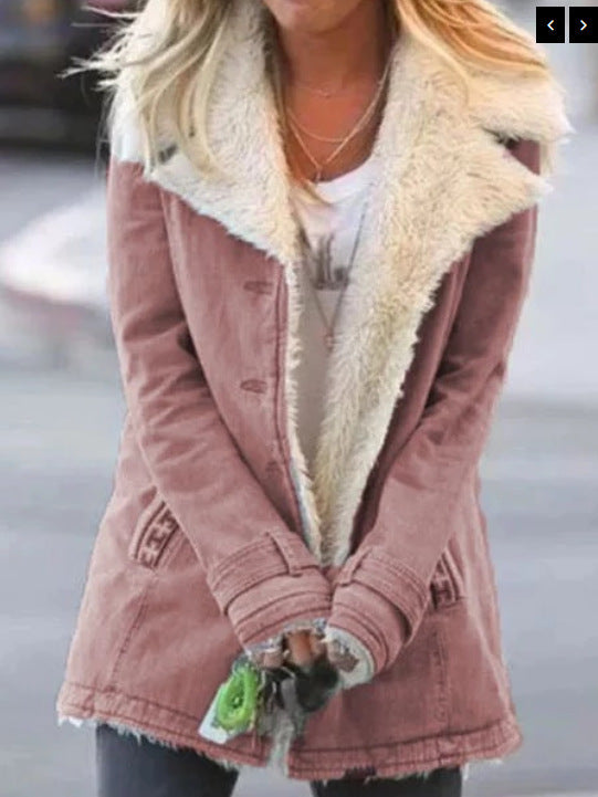 Autumn and winter solid color plush lapel mid-length coat