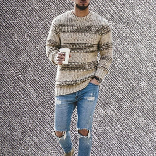 Men's fitted striped round neck long sleeve knitted sweater