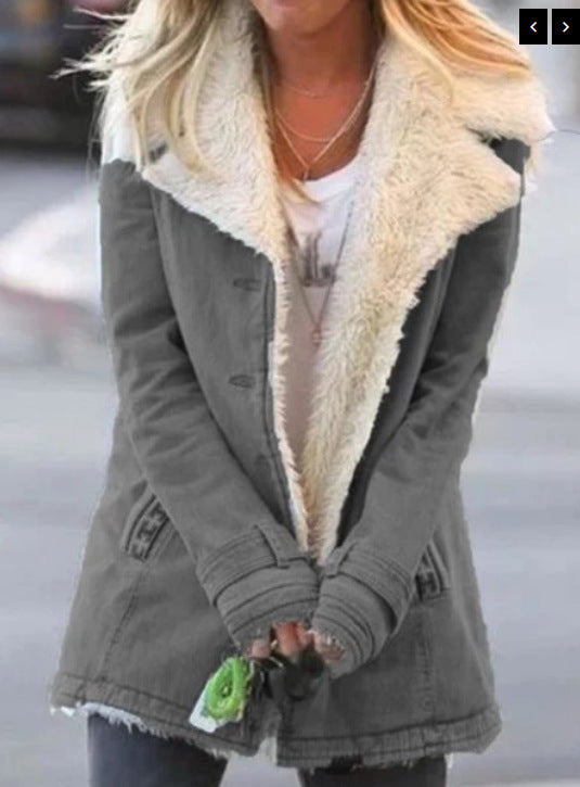 Autumn and winter solid color plush lapel mid-length coat