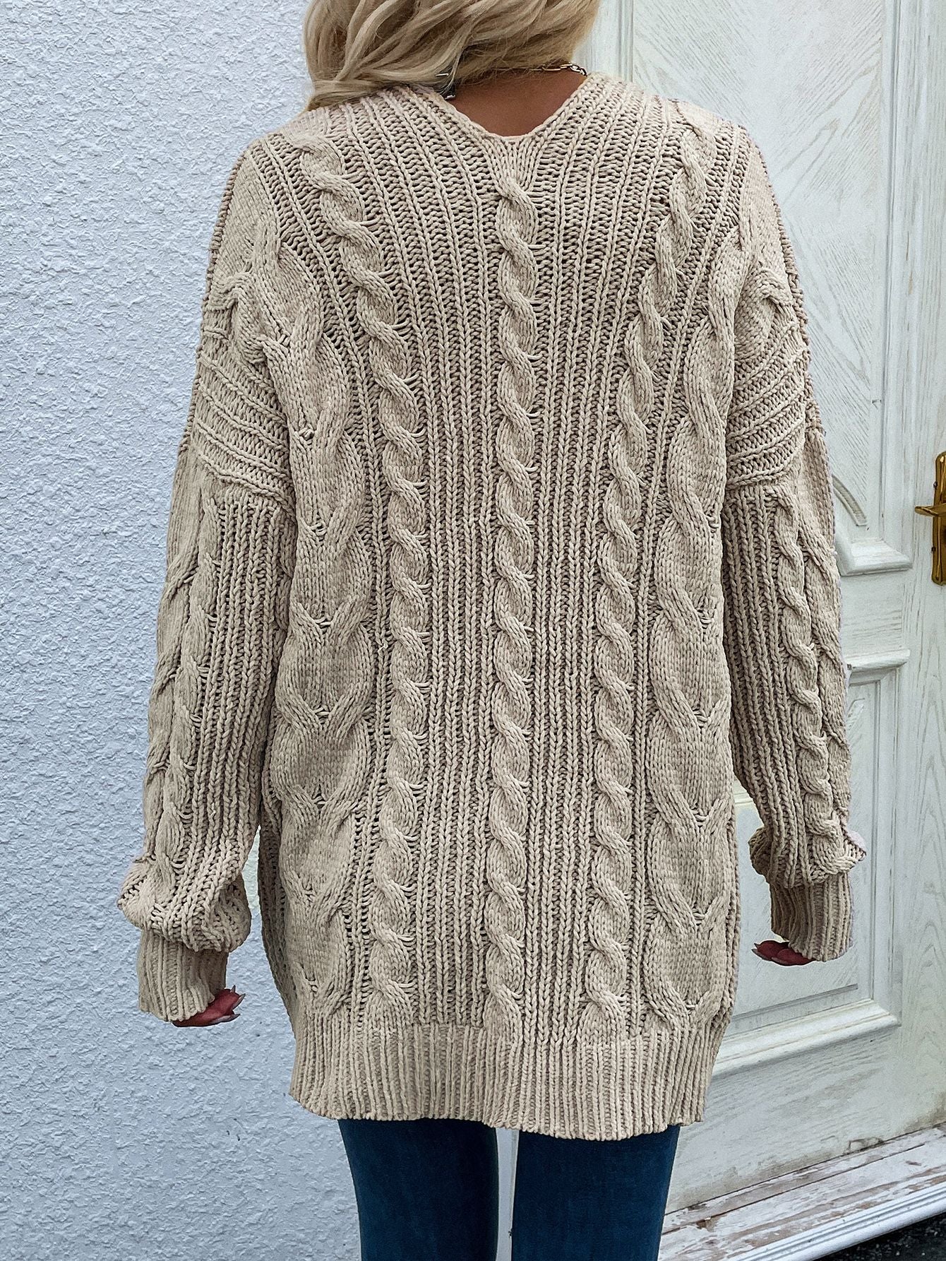 Woven Right Cable-Knit Open Front Cardigan with Front Pockets - OCEANE