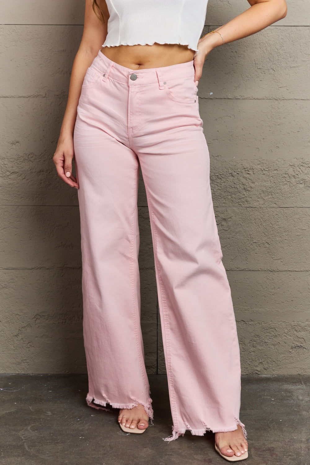 RISEN Raelene Full Size High Waist Wide Leg Jeans in Light Pink - OCEANE