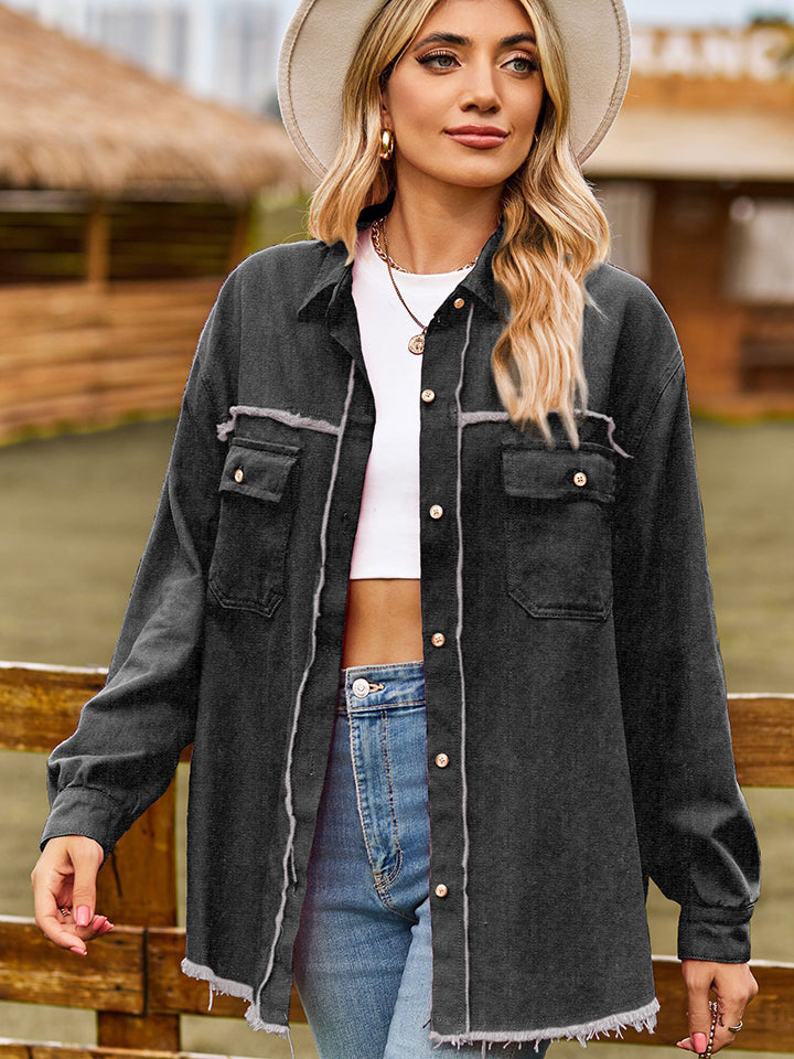 Raw Hem Denim Jacket with Pockets - OCEANE