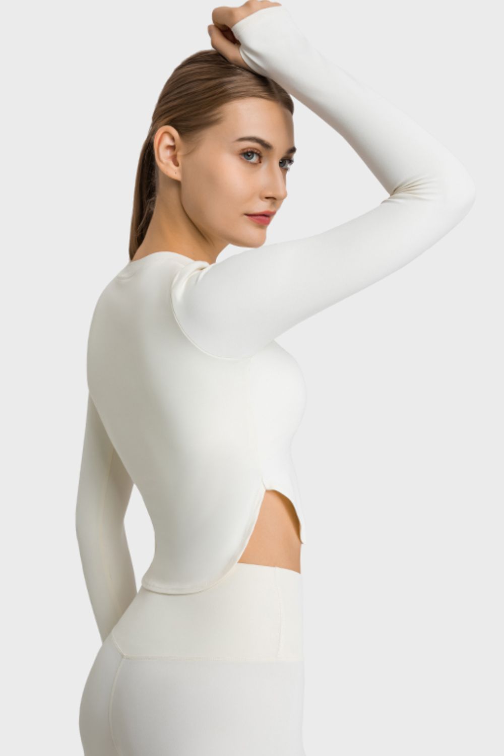 Side Slit Long Sleeve Round Neck Crop Top - OCEANE