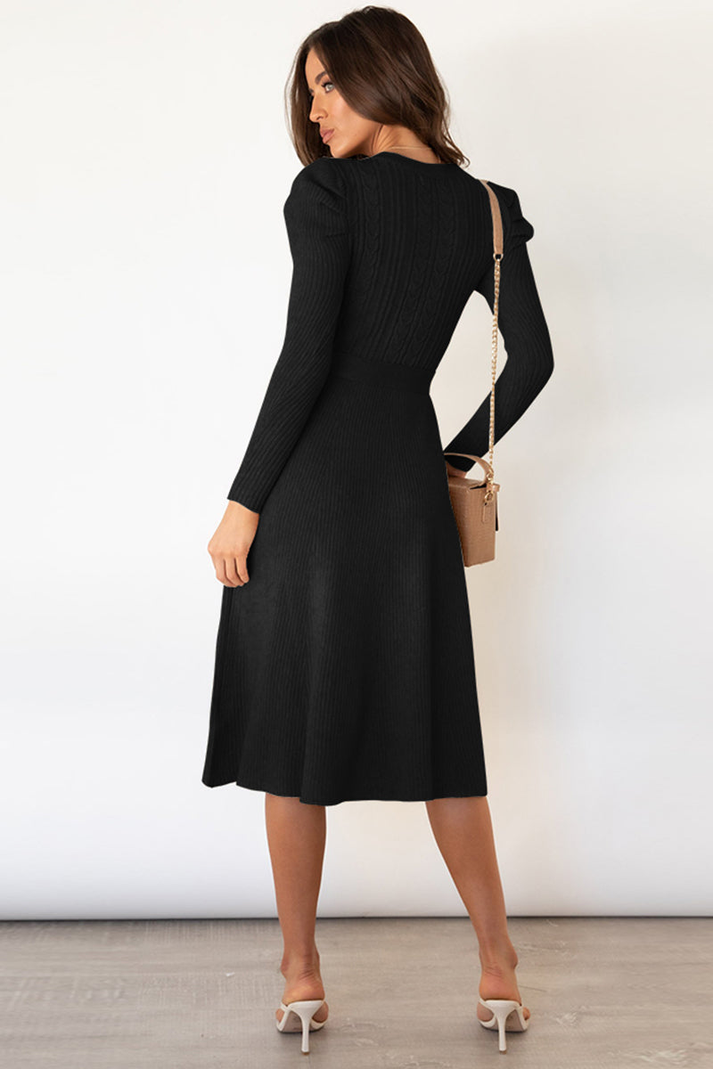 Round Neck Long Sleeve Tie Waist Sweater Dress - OCEANE