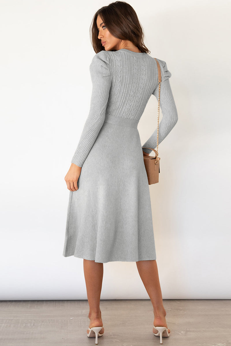 Round Neck Long Sleeve Tie Waist Sweater Dress - OCEANE