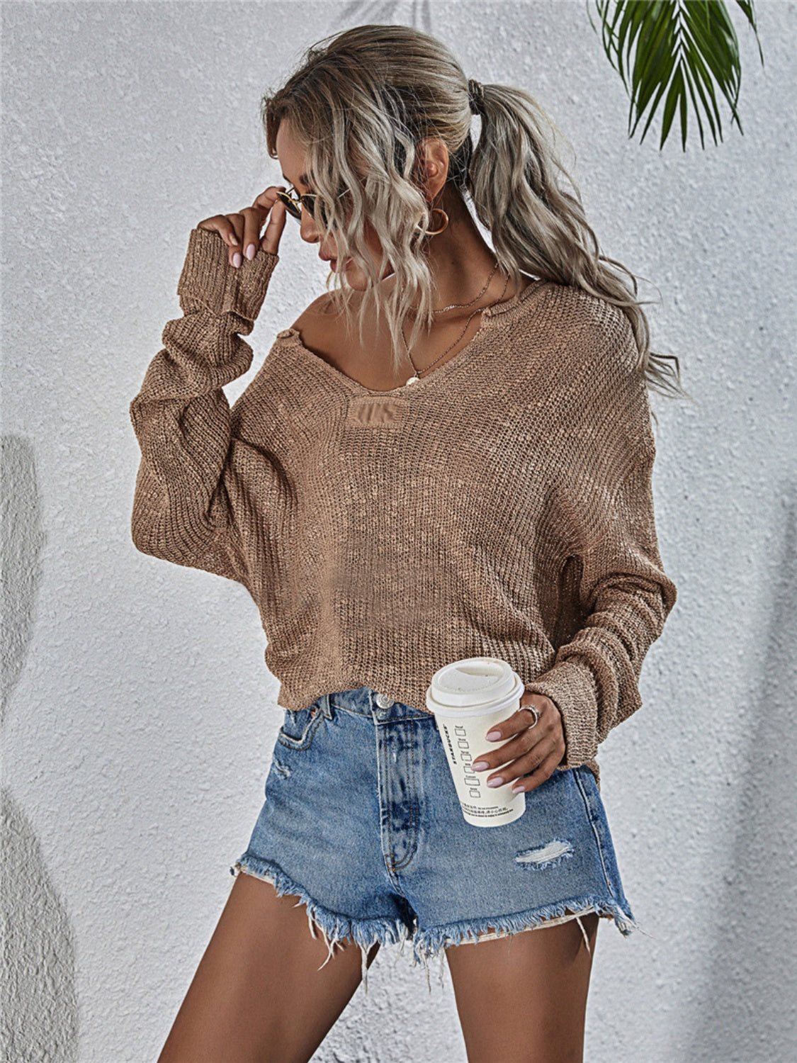 Notched Neck Slit Knit Top - OCEANE