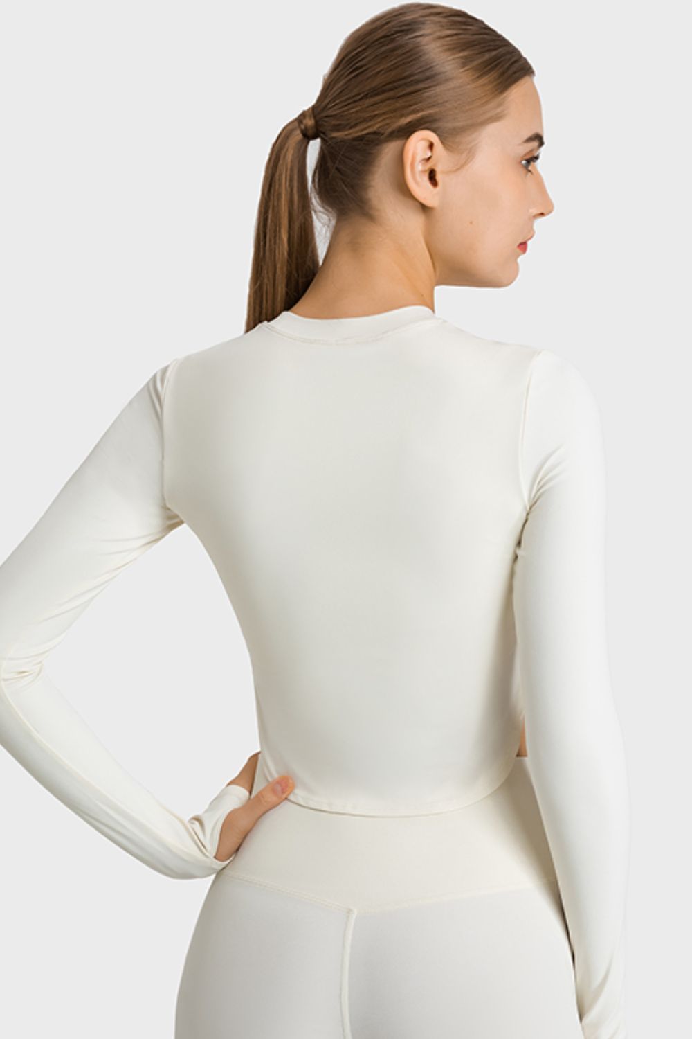 Side Slit Long Sleeve Round Neck Crop Top - OCEANE