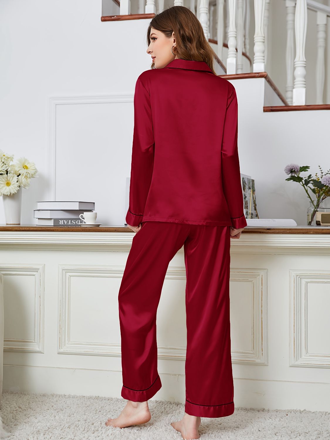 Lapel Collar Long Sleeve Top and Pants Pajama Set - OCEANE