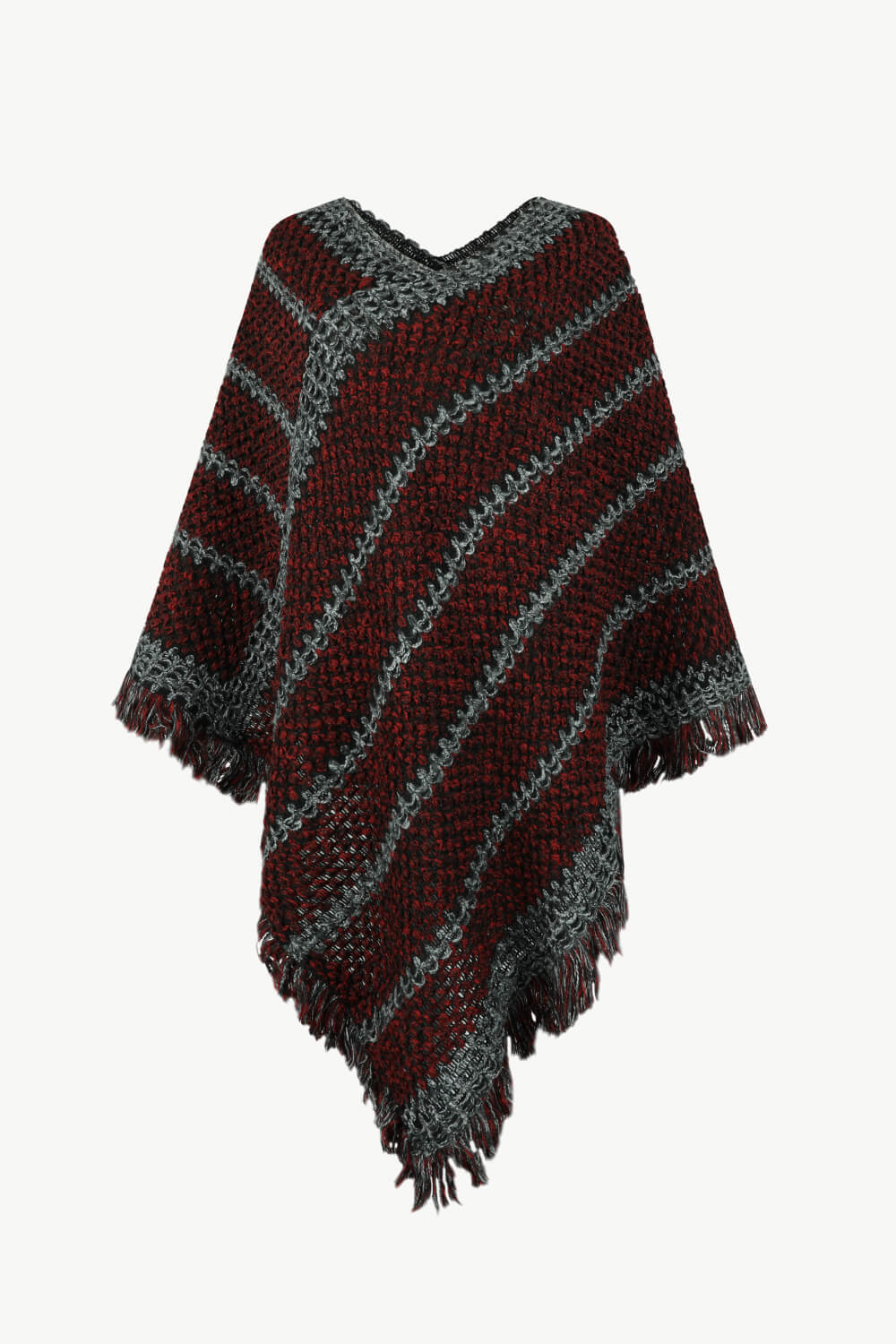 V-Neck Fringe Hem Poncho - OCEANE