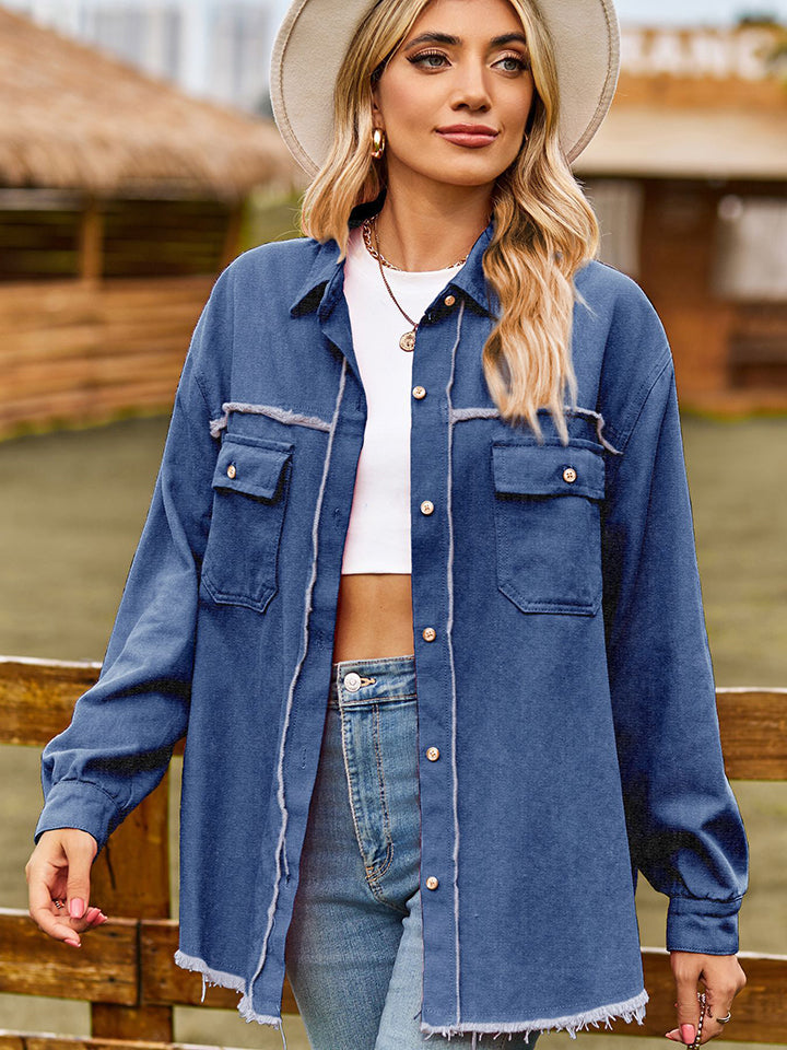 Raw Hem Denim Jacket with Pockets - OCEANE