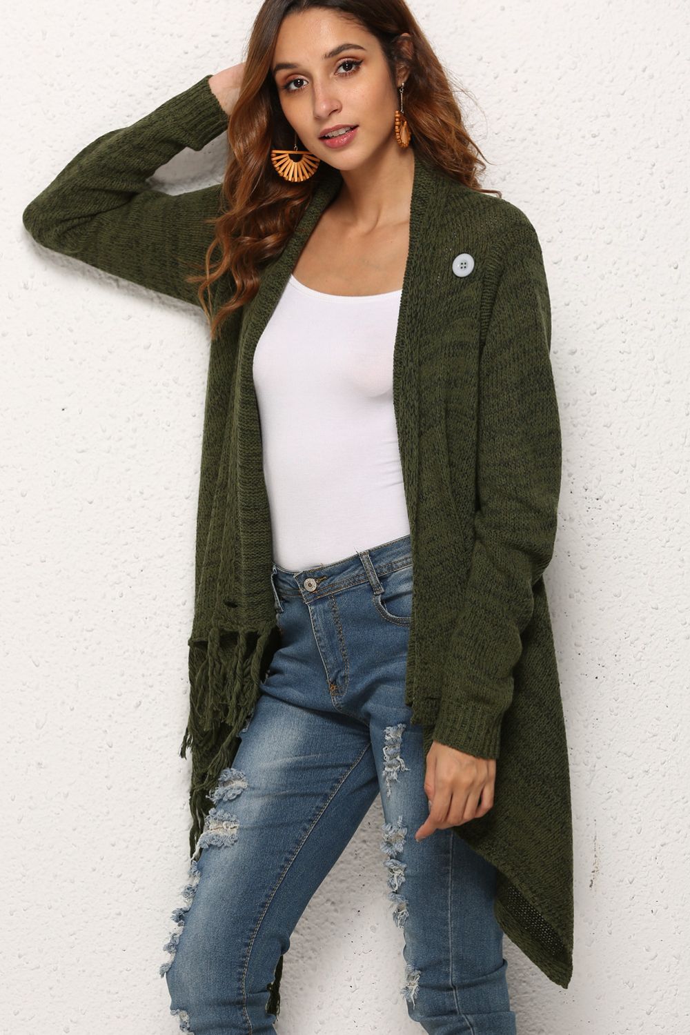 One-Button Tassel Tie Asymmetrical Hem Cardigan - OCEANE