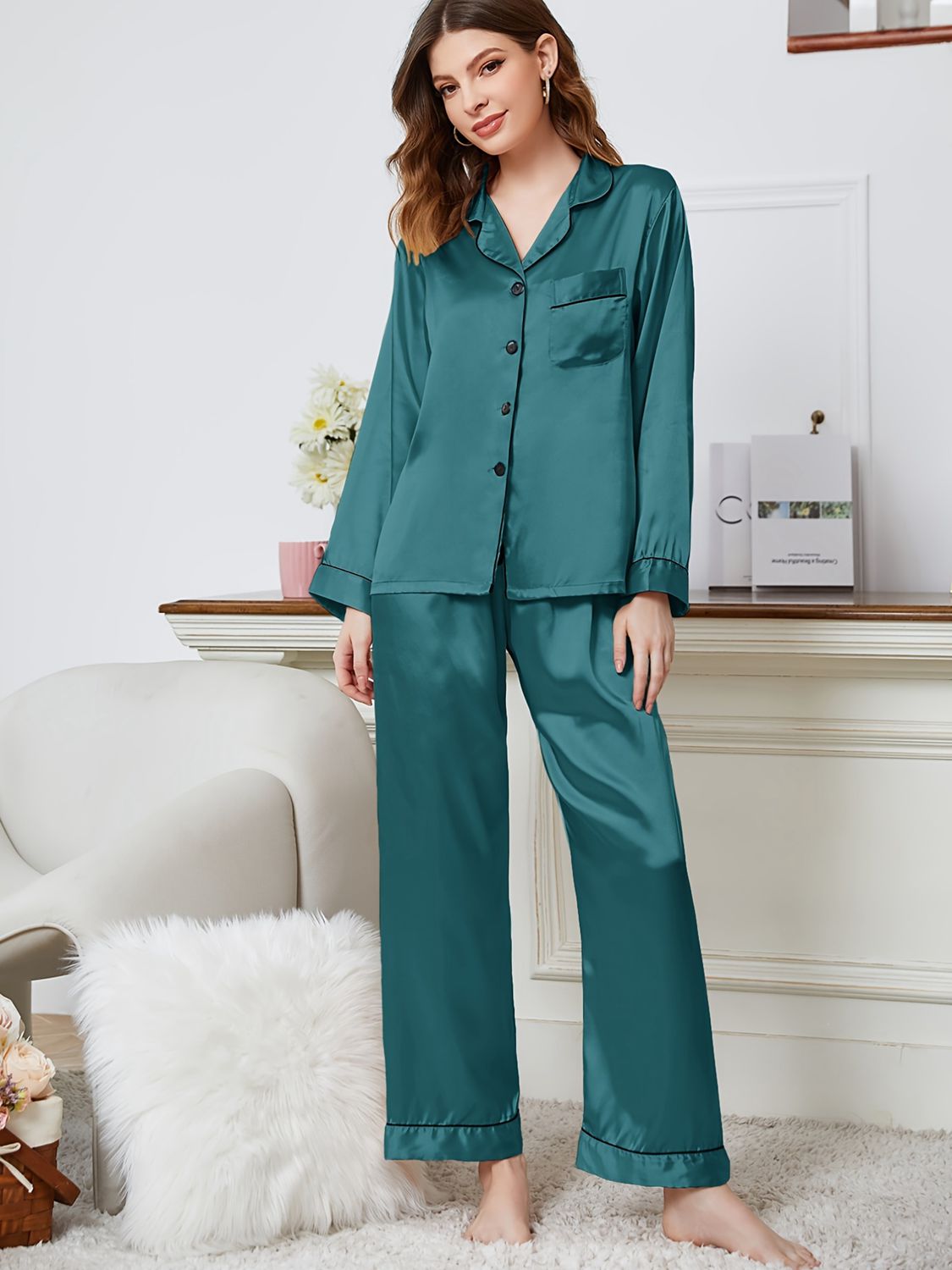 Lapel Collar Long Sleeve Top and Pants Pajama Set - OCEANE