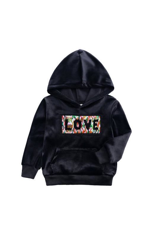 Kid's Sequin LOVE Hooded Multi Color Velvet Sweatshirt Hoodie Pajama Set