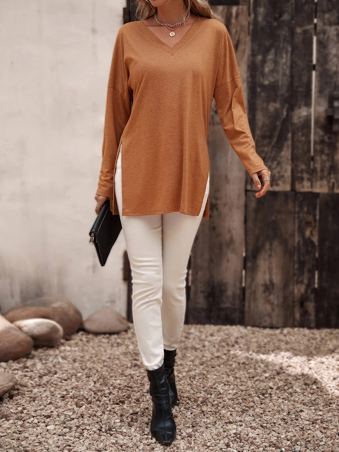 V-Neck Long Sleeve Slit Top - OCEANE