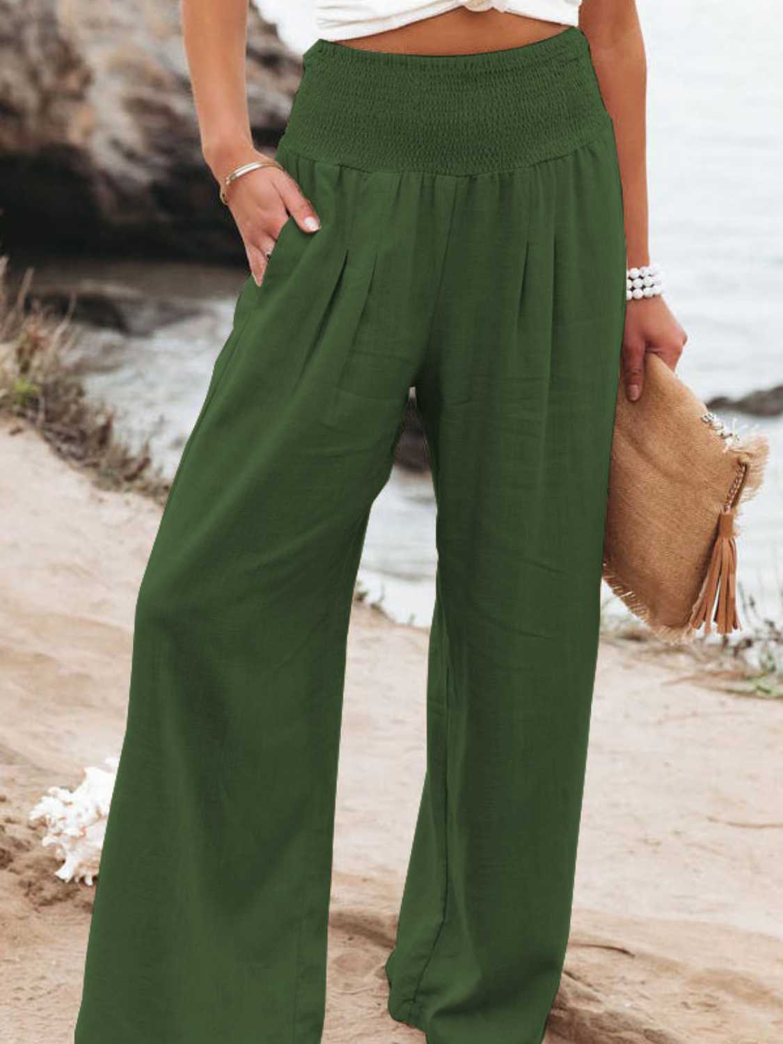 Full Size Smocked Waist Wide Leg Pants - OCEANE