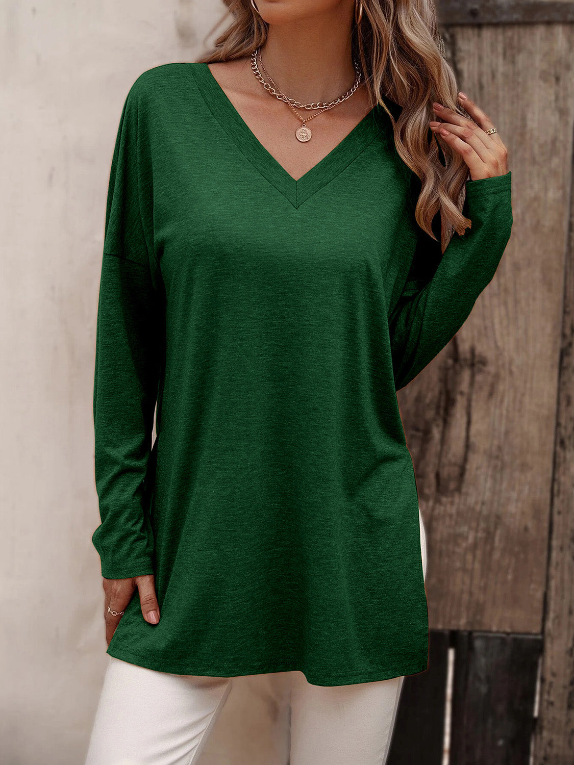 V-Neck Long Sleeve Slit Top - OCEANE