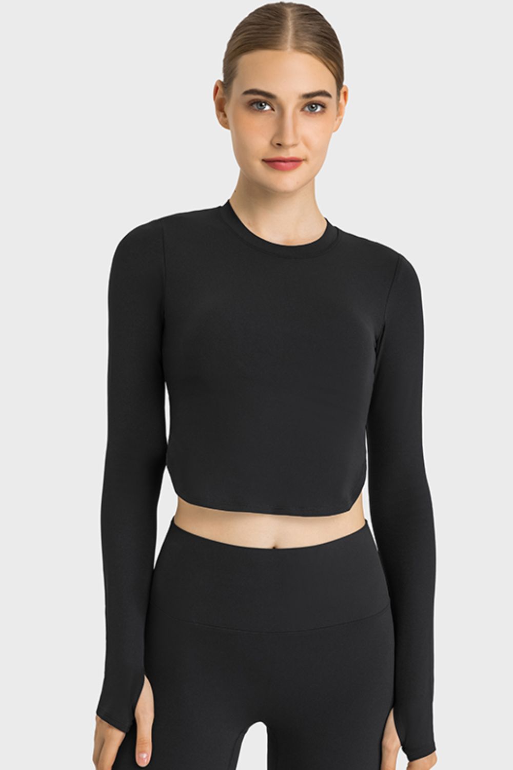 Side Slit Long Sleeve Round Neck Crop Top - OCEANE