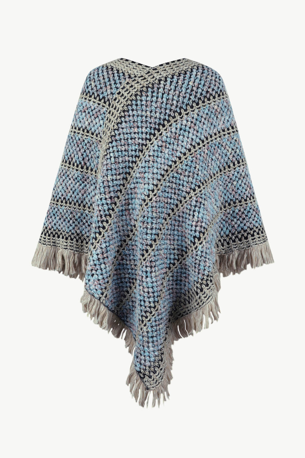 V-Neck Fringe Hem Poncho - OCEANE