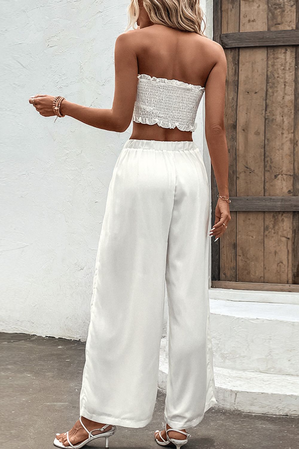 Smocked Tube Top and Wide Leg Pants Set - OCEANE