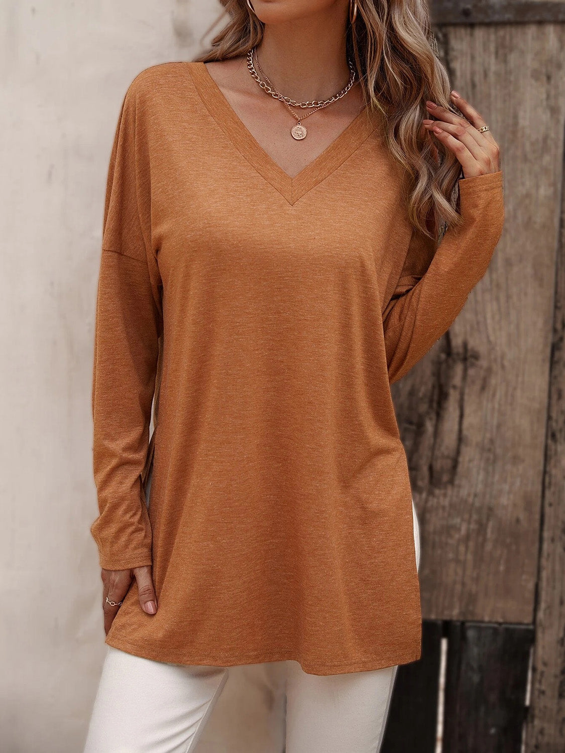 V-Neck Long Sleeve Slit Top - OCEANE