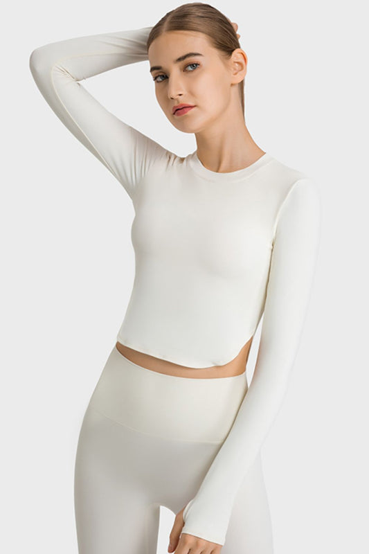 Side Slit Long Sleeve Round Neck Crop Top - OCEANE