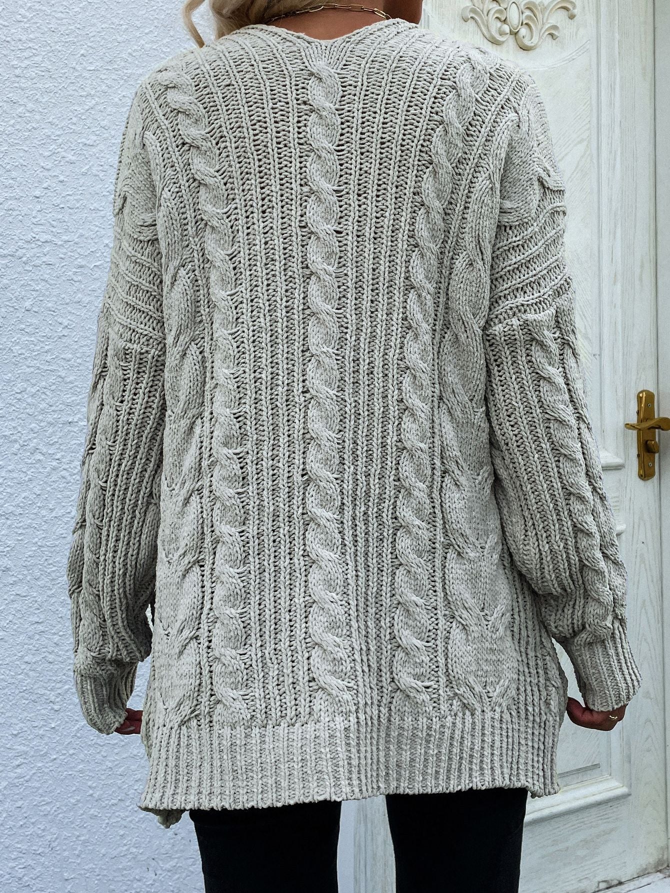 Woven Right Cable-Knit Open Front Cardigan with Front Pockets - OCEANE