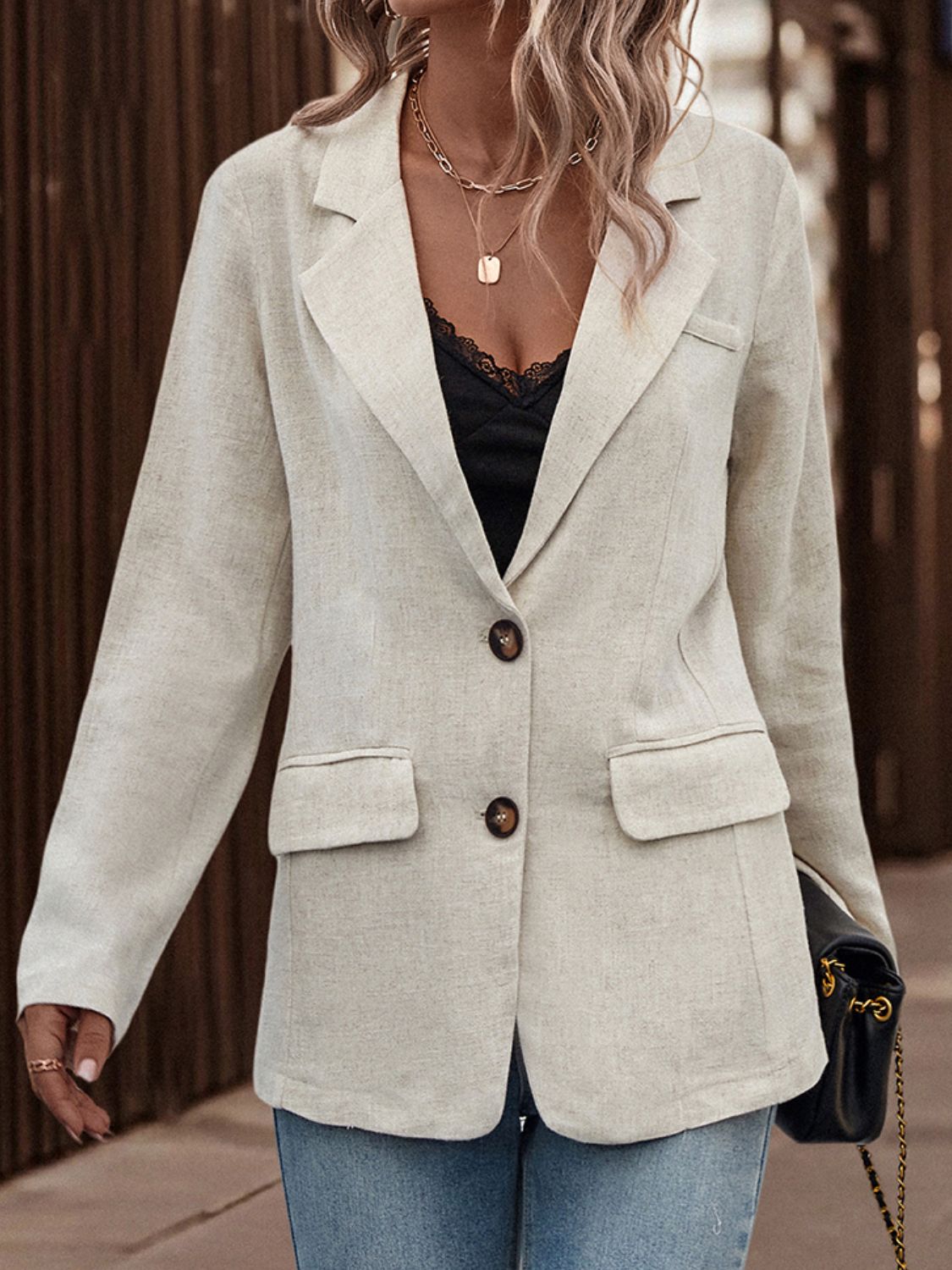 Lapel Collar Long Sleeve Blazer - OCEANE