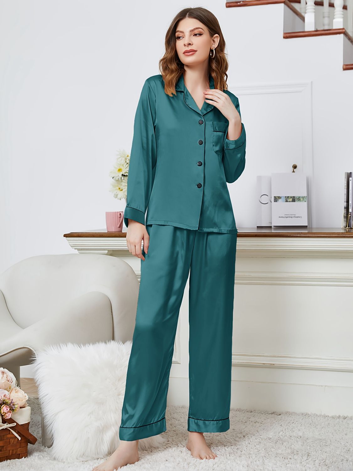 Lapel Collar Long Sleeve Top and Pants Pajama Set - OCEANE