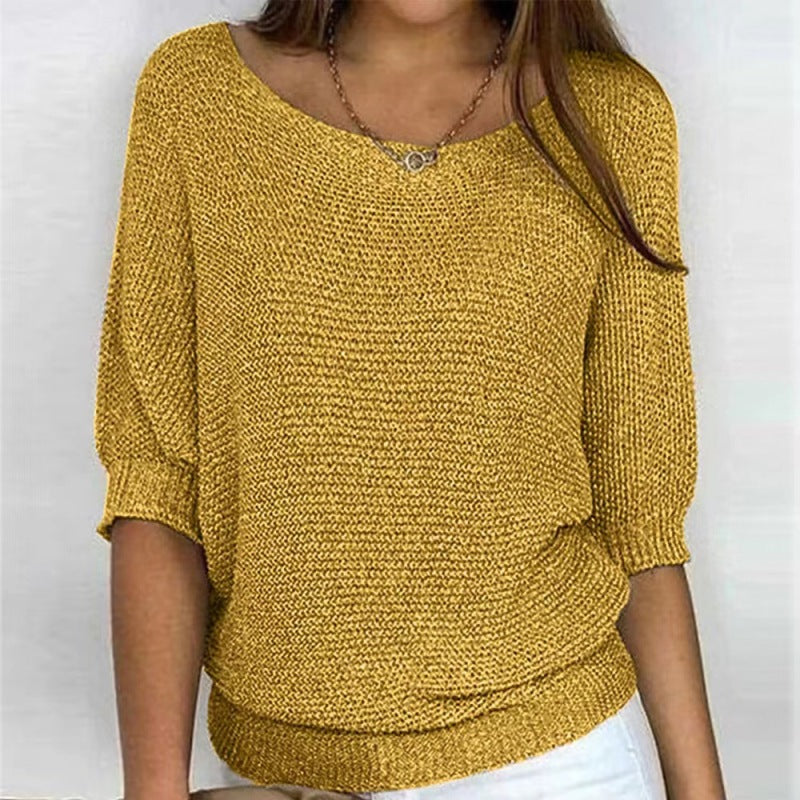 Women's round neck three-quarter sleeve knitted sweater~7 colors