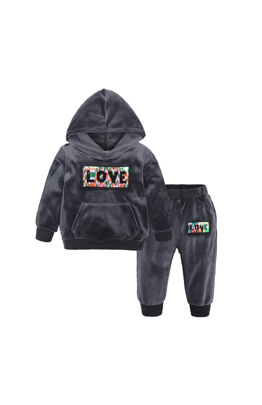 Kid's Sequin LOVE Hooded Multi Color Velvet Sweatshirt Hoodie Pajama Set