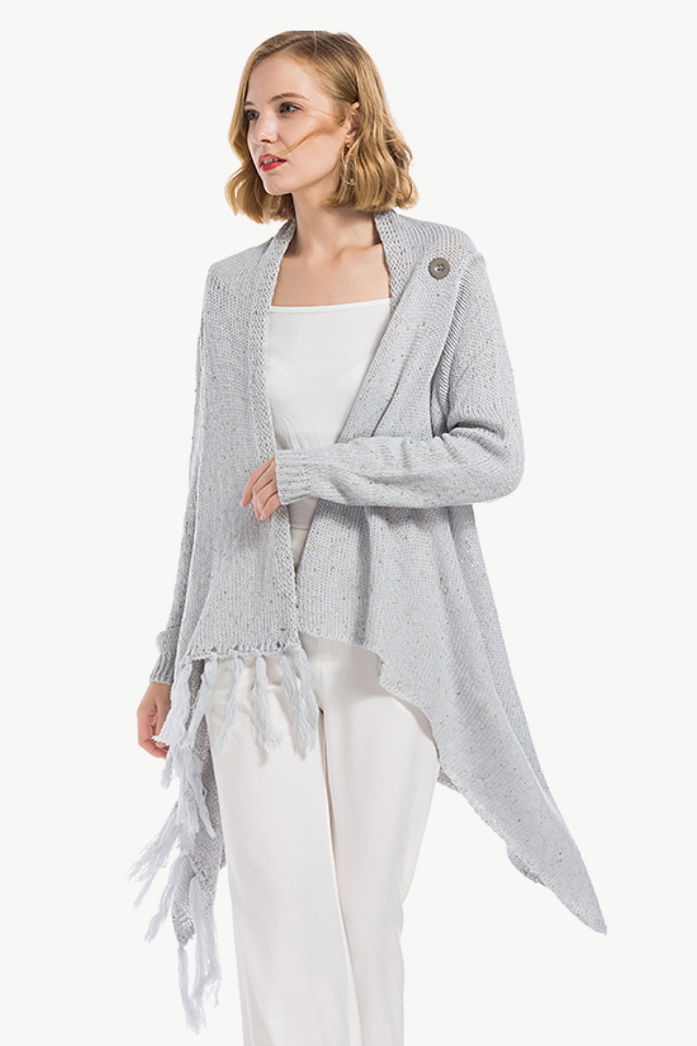 One-Button Tassel Tie Asymmetrical Hem Cardigan - OCEANE