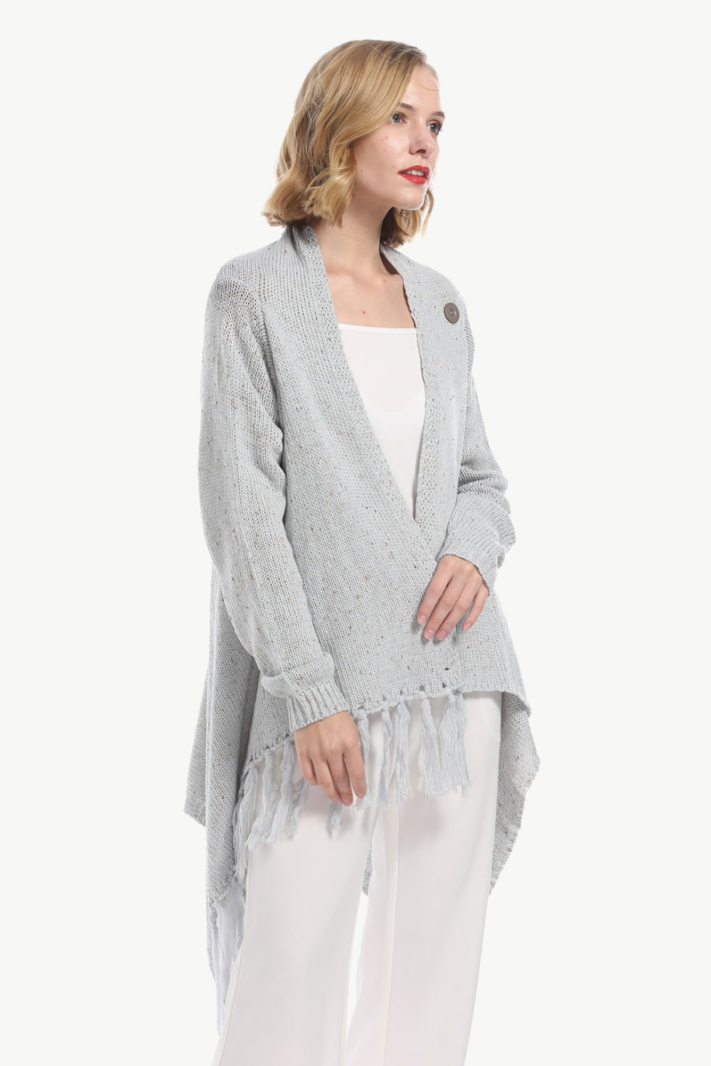 One-Button Tassel Tie Asymmetrical Hem Cardigan - OCEANE